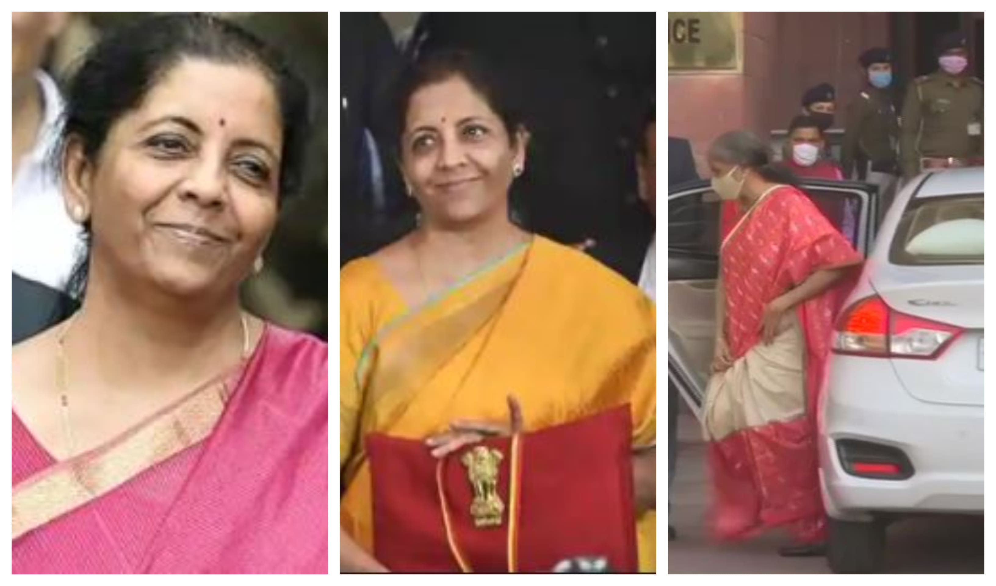 Finance minister Nirmala Sitharaman on Budget day in 2019, 2020 and 2021, (From left to right) Finance minister Nirmala Sitharaman on Budget day in 2019, 2020 and 2021, (From left to right)