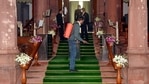 A worker sanitises Parliament House premises during the Budget Session, in New Delhi on Monday.(PTI Photo) A worker sanitises Parliament House premises during the Budget Session, in New Delhi on Monday.(PTI Photo)
