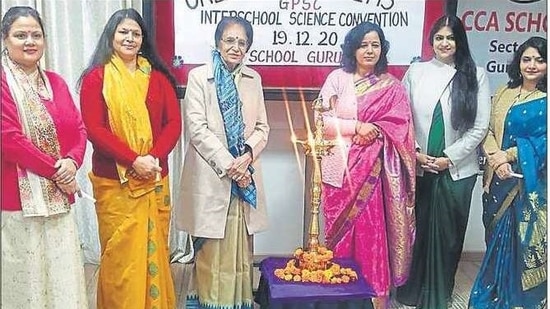 Director-principal Nirmal Yadav (third from left) and other teachers during the school’s annual inter-school science convention titled Unexplored Realms Director-principal Nirmal Yadav (third from left) and other teachers during the school’s annual inter-school science convention titled Unexplored Realms