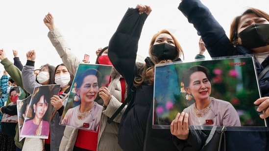 People holding portraits of Myanmar's de facto government leader Aung San Suu Kyi stage a protest rally in Tokyo. (AP) People holding portraits of Myanmar's de facto government leader Aung San Suu Kyi stage a protest rally in Tokyo. (AP)