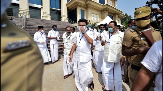 Dravida Munnetra Kazhagam (DMK) president and leader of Opposition MK Stalin boycotted the Governor's address and walked out of Tamil Nadu Assembly session in Chennai, Tuesday. (PTI) Dravida Munnetra Kazhagam (DMK) president and leader of Opposition MK Stalin boycotted the Governor's address and walked out of Tamil Nadu Assembly session in Chennai, Tuesday. (PTI)