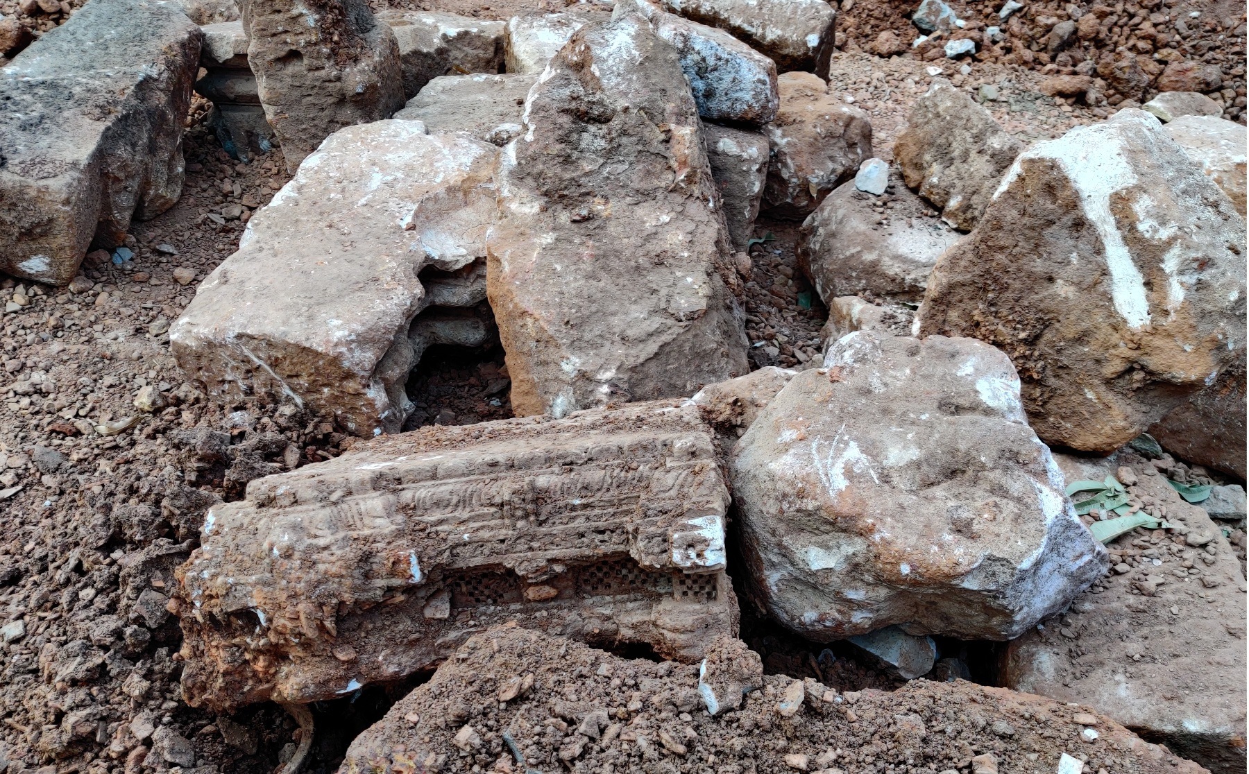 The broken pieces of the ancient temple structure that had been recently found by archaeologists near Lingaraj temple in Bhubaneswar(Photo courtesy: INTACH ) The broken pieces of the ancient temple structure that had been recently found by archaeologists near Lingaraj temple in Bhubaneswar(Photo courtesy: INTACH )