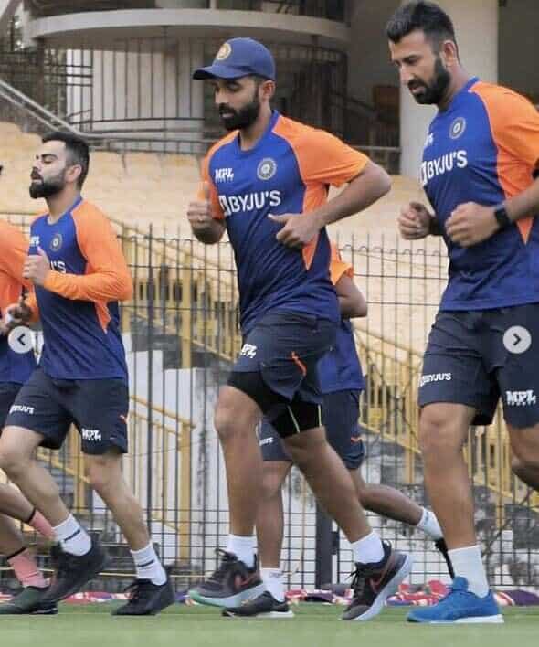 Captain Virat Kohli (L), vice-captain Ajinkya Rahane (centre) and Cheteshwar Pujara (L) during India's first outdoor session in Chennai ahead of first England Test.