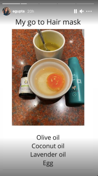 Esha gupta shares the ingredients of her go-to hair mask(Instagram story/ egupta) Esha gupta shares the ingredients of her go-to hair mask(Instagram story/ egupta)