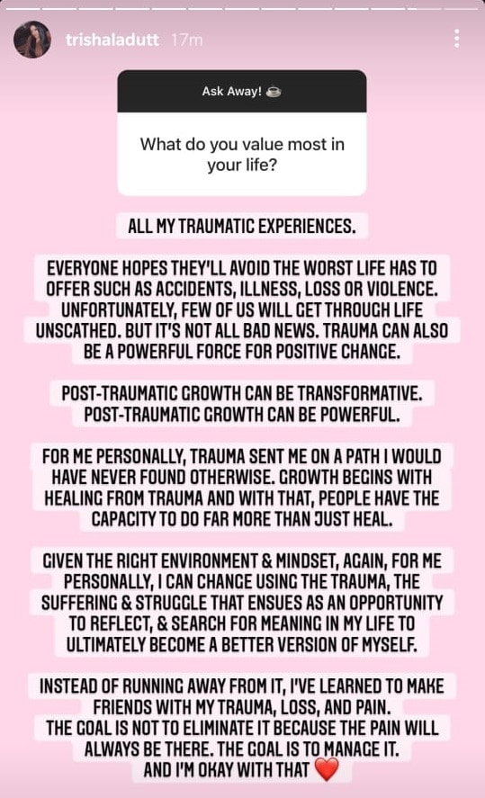 Trishala Dutt's Instagram story. Trishala Dutt's Instagram story.