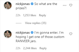 Nick Jonas commented on Ranveer Singh's Instagram post.