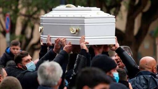 Pallbearers holds aloft a white casket during the funeral ceremony for a 10-year-old girl who died while participating in a so-called “blackout” challenge while using TikTok social network. (AP) Pallbearers holds aloft a white casket during the funeral ceremony for a 10-year-old girl who died while participating in a so-called “blackout” challenge while using TikTok social network. (AP)
