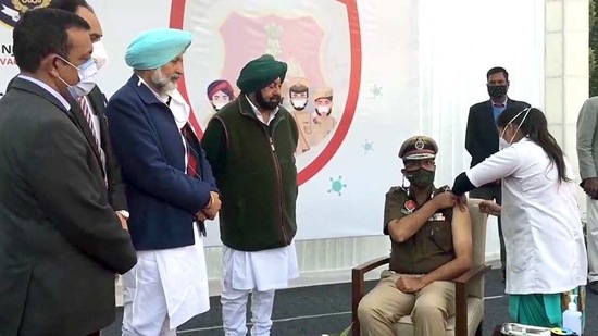 Punjab CM Captain Amarinder Singh launched a COVID19 vaccination drive for Punjab Police at Police Headquarters, in Chandigarh on Tuesday. (ANI Photo)