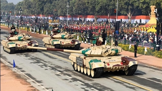 Soldiers on T-90 (Bhisma) tanks march along Rajpath, Republic Day Parade, New Delhi, January 26, 2021 (AFP) Soldiers on T-90 (Bhisma) tanks march along Rajpath, Republic Day Parade, New Delhi, January 26, 2021 (AFP)