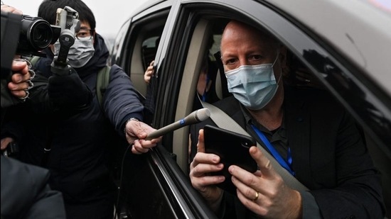 Peter Daszak, a member of the World Health Organization (WHO) team investigating the origins of the Covid-19 coronavirus, speaks to media upon arriving with other WHO members to the Wuhan Institute of Virology in Wuhan in China's central Hubei province on February 3, 2021. (AFP) Peter Daszak, a member of the World Health Organization (WHO) team investigating the origins of the Covid-19 coronavirus, speaks to media upon arriving with other WHO members to the Wuhan Institute of Virology in Wuhan in China's central Hubei province on February 3, 2021. (AFP)