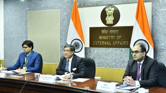 The Indian side at Wednesday’s meeting was led by Sanjay Bhattacharyya, secretary (overseas Indian affairs) in the external affairs ministry, while Adel Siraj Merdad, deputy minister of foreign affairs, led the Saudi team. (TWITTER/@MEAIndia).