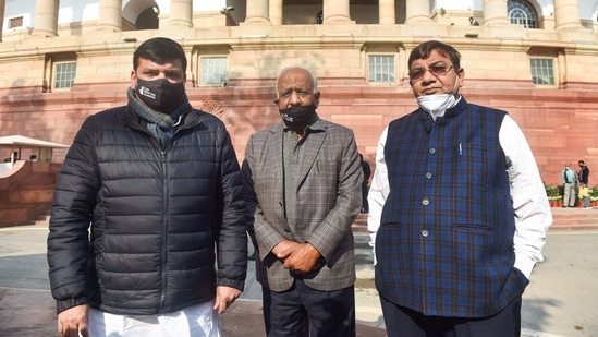 New Delhi: AAP MPs Sanjay Singh, Sushil Kumar Gupta (R) and ND Gupta (C) after Rajya Sabha Chairman M.Venkaiah Naidu asked them to withdraw as they trooped into the Well of the House raising slogans against the new farm laws, at Parliament House in New Delhi, Wednesday, Feb. 03, 2021. (PTI Photo/Manvender Vashist)(PTI02_03_2021_000029B)(PTI)