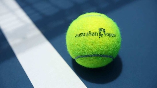 An Australian Open branded tennis ball is seen on court. (Getty Images) An Australian Open branded tennis ball is seen on court. (Getty Images)