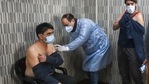 Srinagar: A medical worker administers COVID-19 vaccine doses to Jammu and Kashmir police personnel, at the Police Control Room (PCR).(PTI) Srinagar: A medical worker administers COVID-19 vaccine doses to Jammu and Kashmir police personnel, at the Police Control Room (PCR).(PTI)