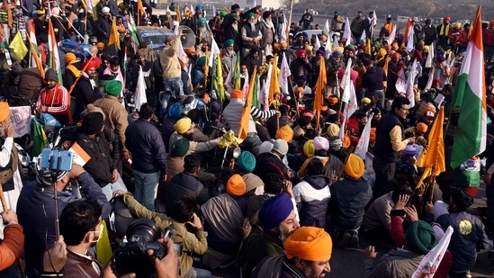 Thousands of farmers, mainly from Punjab and Haryana, have been camping at several Delhi border points since November last year, demanding the government to repeal the three farm laws. (ANI Photo) Thousands of farmers, mainly from Punjab and Haryana, have been camping at several Delhi border points since November last year, demanding the government to repeal the three farm laws. (ANI Photo)