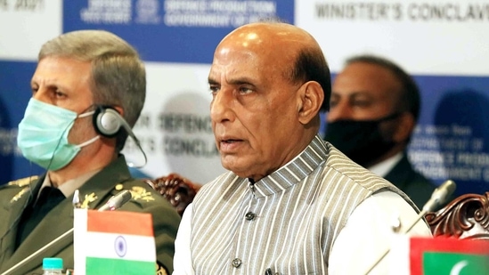 Defence Minister Rajnath Singh delivering the keynote address at the Indian Ocean Region Defence Ministers' Conclave on the sidelines of Aero India 2021 in Bengaluru on Thursday. (ANI Photo) Defence Minister Rajnath Singh delivering the keynote address at the Indian Ocean Region Defence Ministers' Conclave on the sidelines of Aero India 2021 in Bengaluru on Thursday. (ANI Photo)