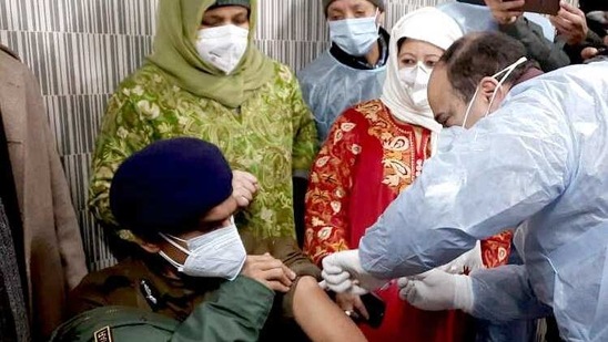 Jammu and Kashmir's Inspector General of police Vijay Kumar gets the first shot of Covid -19 vaccine at Police Control Room, in Srinagar on Thursday during the second phase of the vaccination drive. (ANI) Jammu and Kashmir's Inspector General of police Vijay Kumar gets the first shot of Covid -19 vaccine at Police Control Room, in Srinagar on Thursday during the second phase of the vaccination drive. (ANI)