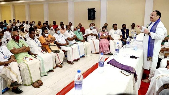 BJP National President JP Nadda interacts with social leaders, in Thrissur on Thursday.(ANI Photo)