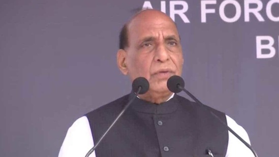 Rajnath Singh speaking at Aero India 2021 in Bengaluru (ANI)