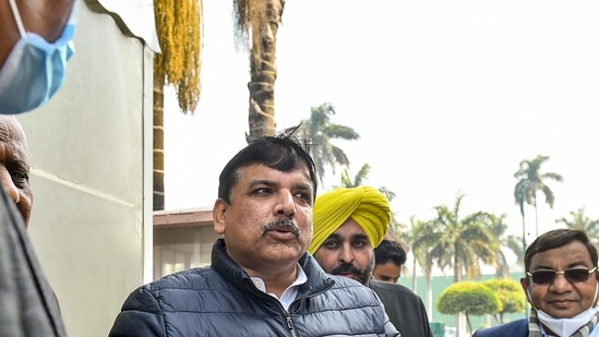 New Delhi: AAP MP Sanjay Singh along with others outside the Parliament House, in New Delhi, Friday, Jan. 29, 2021. (PTI Photo/Arun Sharma) New Delhi: AAP MP Sanjay Singh along with others outside the Parliament House, in New Delhi, Friday, Jan. 29, 2021. (PTI Photo/Arun Sharma)