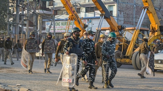 Heavy security deployment at Tikri border during farmer's protest against the new farm laws, in New Delhi, Tuesday, Feb. 2, 2021. (PTI)