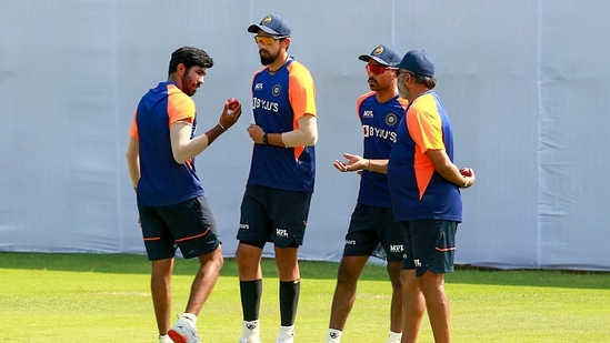 Indian cricketers Jasprit Bumrah, Ishant Sharma and Hardik Pandya during a training session at MA Chidambaram Stadium, in Chennai, Wednesday, Feb. 3, 2021.(PTI)