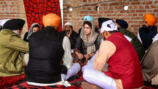 Congress leader Priyanka Gandhi with kin of deceased farmer Navreet Singh. (PTI Photo)
