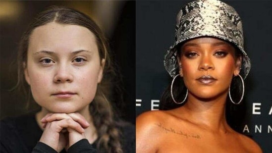 Pop superstar Rihanna and climate activist Greta Thunberg tweeted in support of protesting Indian farmers.(HT)