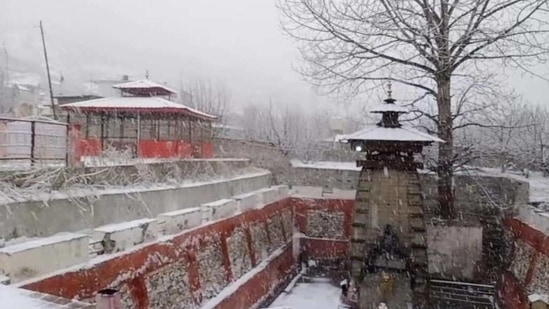 A temple in Harsil Valley in Uttarkashi district covered in snow after fresh snowfall on Thursday. (HT PHOTO). A temple in Harsil Valley in Uttarkashi district covered in snow after fresh snowfall on Thursday. (HT PHOTO).