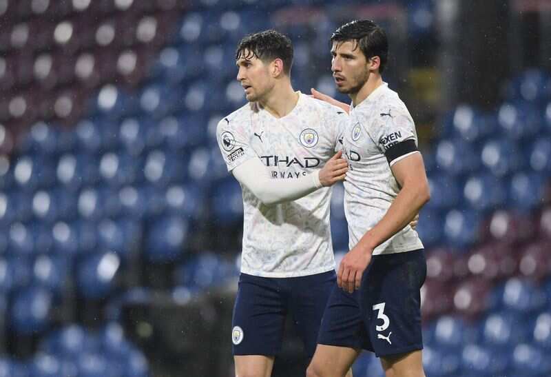 Manchester City's Ruben Dias and John Stones celebrate at the end of the match (Pool via REUTERS)