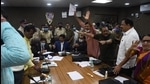 NCP and Congress corporators protest during the TMC budget presentation in Thane on Friday. (Praful Gangurde/HT) NCP and Congress corporators protest during the TMC budget presentation in Thane on Friday. (Praful Gangurde/HT)