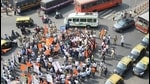 Shiv Sena party workers protest against hike in fuel prices in Mumbai on February 5. (PTI) Shiv Sena party workers protest against hike in fuel prices in Mumbai on February 5. (PTI)
