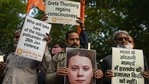 Activists of United Hindu Front (UHF) hold placards and a picture of Swedish climate activist Greta Thunberg during a demonstration in New Delhi on February 4, 2021, after she made comments on social media about mass farmers' protests in India.(AFP) Activists of United Hindu Front (UHF) hold placards and a picture of Swedish climate activist Greta Thunberg during a demonstration in New Delhi on February 4, 2021, after she made comments on social media about mass farmers' protests in India.(AFP)