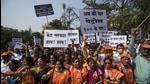 Shiv Sena workers protest against the Centre over fuel price hike outside the collector’s office in Bandra on Friday. (Pratik Chorge/HT Photo) Shiv Sena workers protest against the Centre over fuel price hike outside the collector’s office in Bandra on Friday. (Pratik Chorge/HT Photo)
