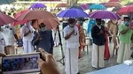 Kerala Gram Panchayat enforcing social distance with the use of umbrellas(Twitter/drthomasisaac) Kerala Gram Panchayat enforcing social distance with the use of umbrellas(Twitter/drthomasisaac)