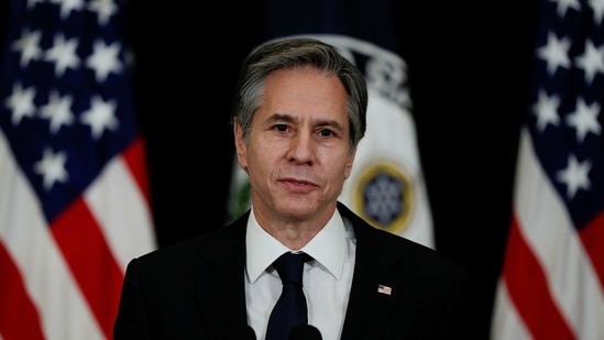 US secretary of state Antony Blinken speaks during a visit by US President Joe Biden to the State Department in Washington. (REUTERS)