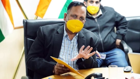 Delhi Public Works Department Minister Satyendra Jain chairs a meeting in New Delhi on Friday. (ANI Photo)