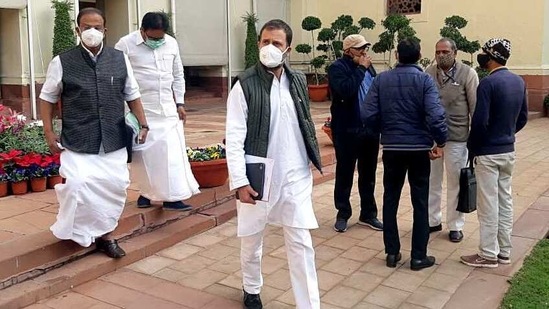Congress leader Rahul Gandhi after the opposition party meeting at Parliament in New Delhi on Thursday. (ANI Photo) Congress leader Rahul Gandhi after the opposition party meeting at Parliament in New Delhi on Thursday. (ANI Photo)