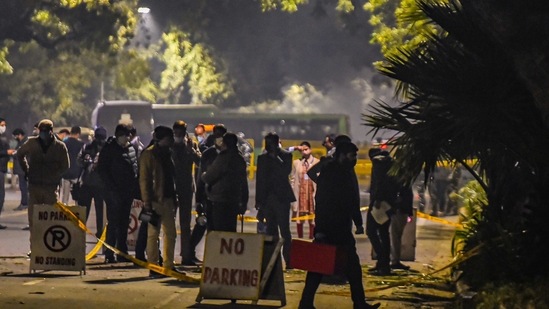 Security personnel inspect the area after a low intensity blast outside the Israeli Embassy, in New Delhi, Friday, Jan. 29, 2021.(PTI)