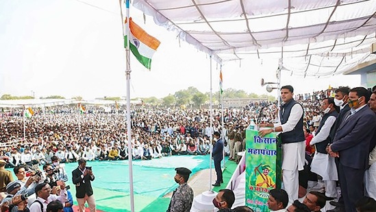 Dausa: Congress leader Sachin Pilot addresses during 'Kisan Mahapanchayat' in Dausa district, Friday, Feb. 5, 2021. (PTI) Dausa: Congress leader Sachin Pilot addresses during 'Kisan Mahapanchayat' in Dausa district, Friday, Feb. 5, 2021. (PTI)