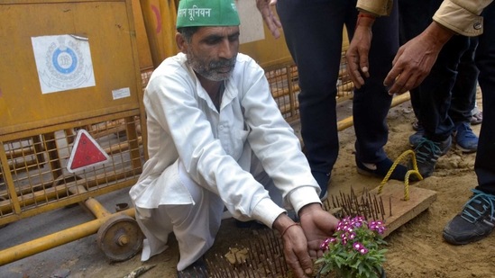 Farmers sow flowers next to iron nails placed by Delhi Police at Ghazipur (Delhi-UP border) during the ongoing protest against the new farm laws, near Ghaziabad (Sakib Ali/HT Photos) Farmers sow flowers next to iron nails placed by Delhi Police at Ghazipur (Delhi-UP border) during the ongoing protest against the new farm laws, near Ghaziabad (Sakib Ali/HT Photos)