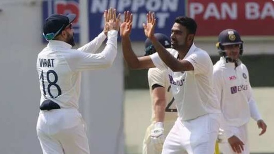 R Ashwin celebrates with Virat Kohli in the first Test against England in Chennai(BCCI)