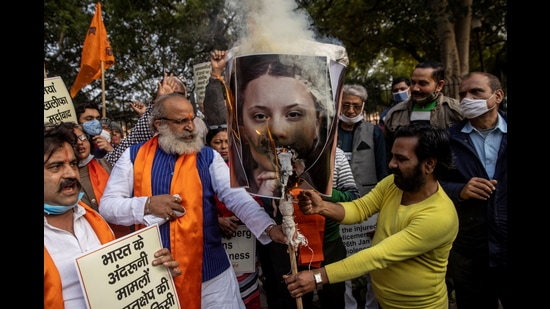 Since their tweets, posters of Meena Harris, Greta Thunberg and Rihanna have been burnt. Our television channels have lived up to their reputation for dangerous mindlessness by running character assassination campaigns. The police have registered a case, like they don’t have the actual issue of the farm protests in the real world to deal with. (REUTERS)