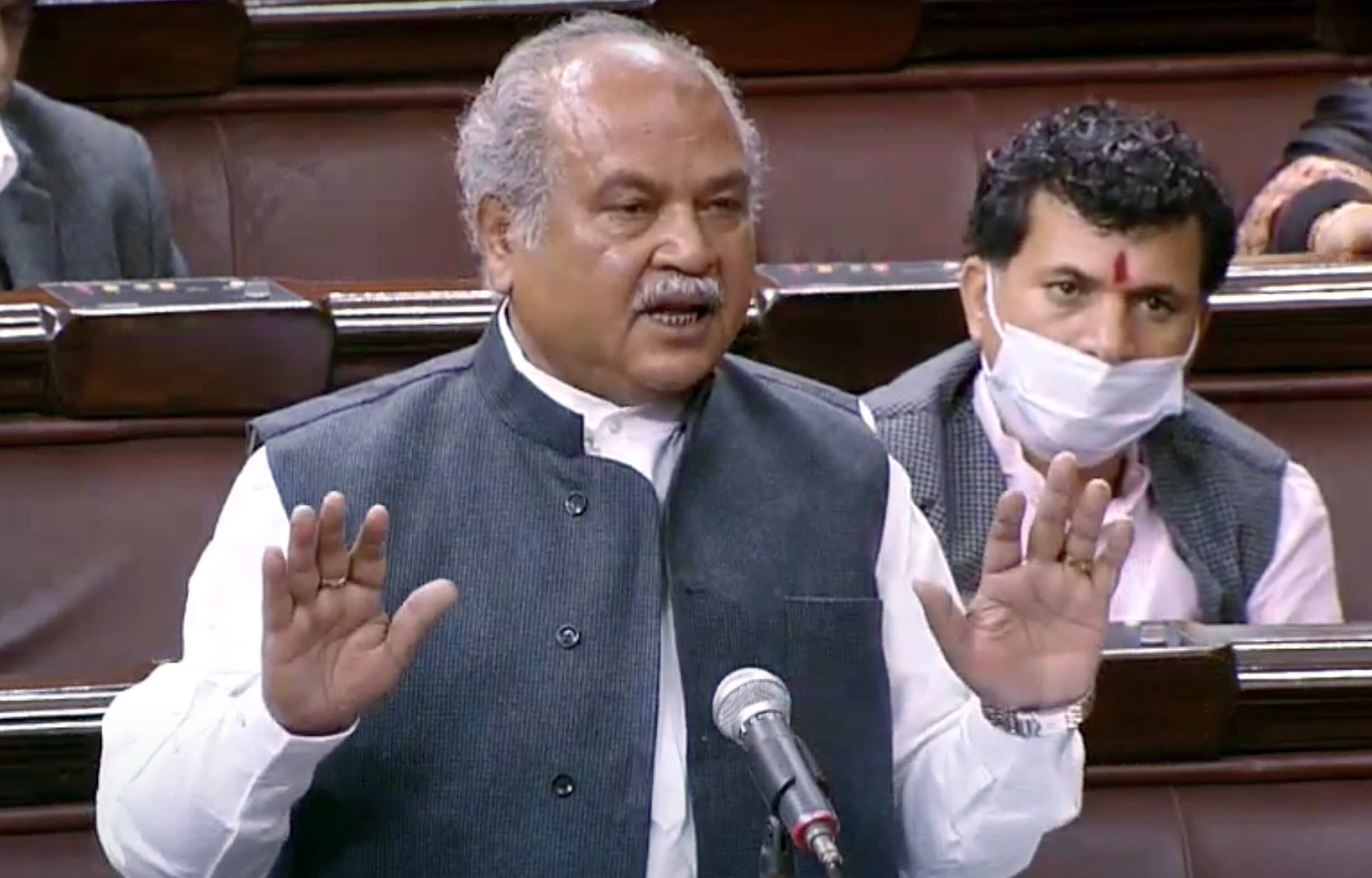 Union agriculture minister Narendra Singh Tomar speaks during the Budget Session of Parliament in Rajya Sabha in New Delhi on Friday. (ANI Photo) Union agriculture minister Narendra Singh Tomar speaks during the Budget Session of Parliament in Rajya Sabha in New Delhi on Friday. (ANI Photo)