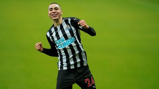 Newcastle United's Miguel Almiron celebrates their second goal. (Pool via REUTERS)