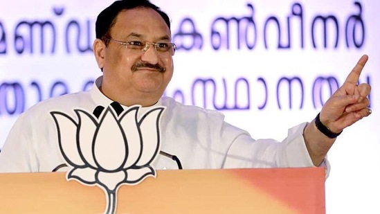 BJP National President JP Nadda addressing in a meeting, in Thrissur on Thursday. (ANI Photo)