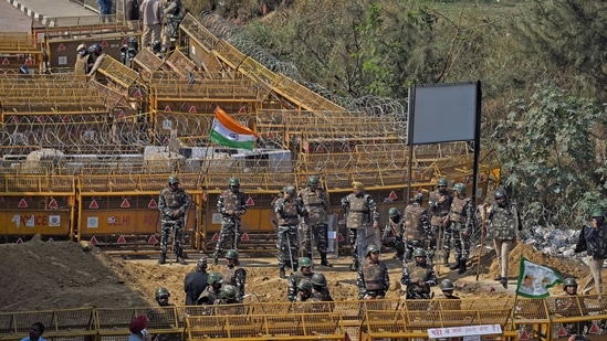 Barricades being put up as security on high alert during Chakka Jam by farmers against farm bills, at the Delhi-Ghazipur border in New Delhi on Saturday. (ANI Photo) Barricades being put up as security on high alert during Chakka Jam by farmers against farm bills, at the Delhi-Ghazipur border in New Delhi on Saturday. (ANI Photo)