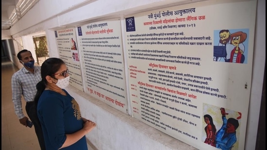 Awareness board at women redressal cell at the Navi Mumbai Police Commissionerate, CBD Belapur on Saturday. (Bachchan Kumar/HT photo)