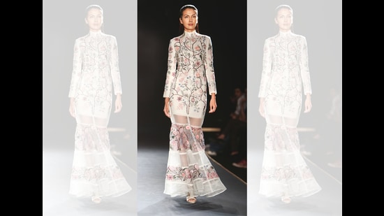 Purchased over four years ago, this piece returned to Rahul Mishra late last year for a size alteration and damage repair. A new hand embroidered panel was added so it could fit again Purchased over four years ago, this piece returned to Rahul Mishra late last year for a size alteration and damage repair. A new hand embroidered panel was added so it could fit again