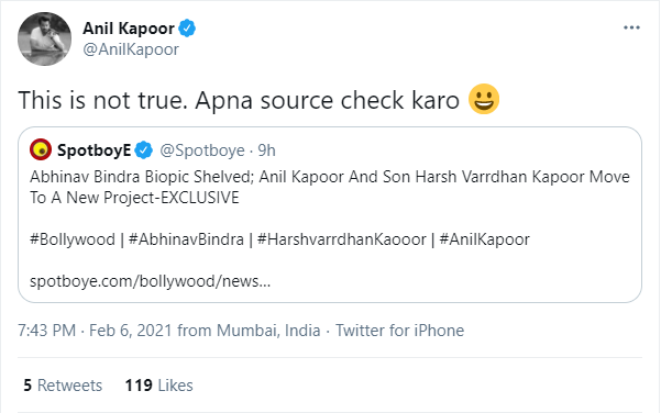 A screengrab of Anil Kapoors tweet.